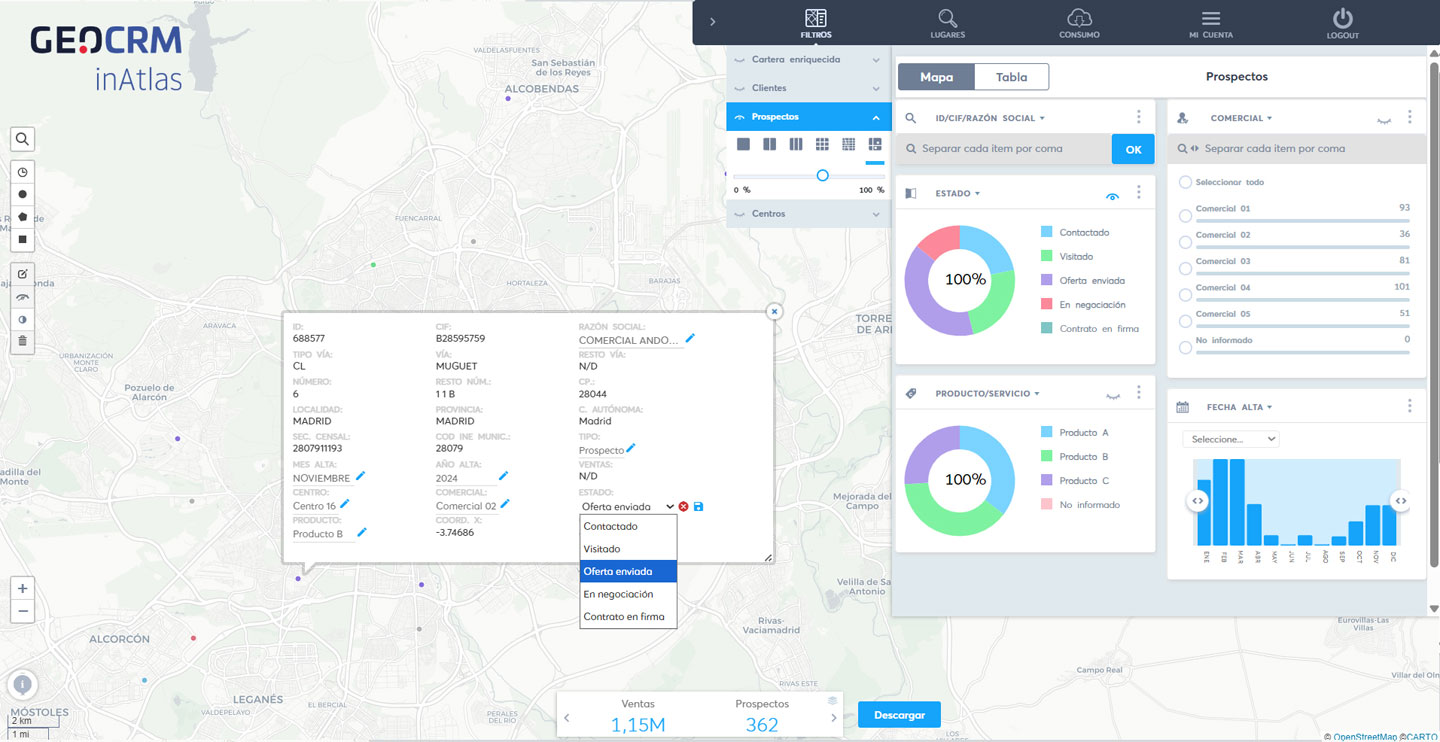 Interface do GeoCRM da inAtlas: mapa de Madrid com prospects, pipeline comercial e métricas por equipa