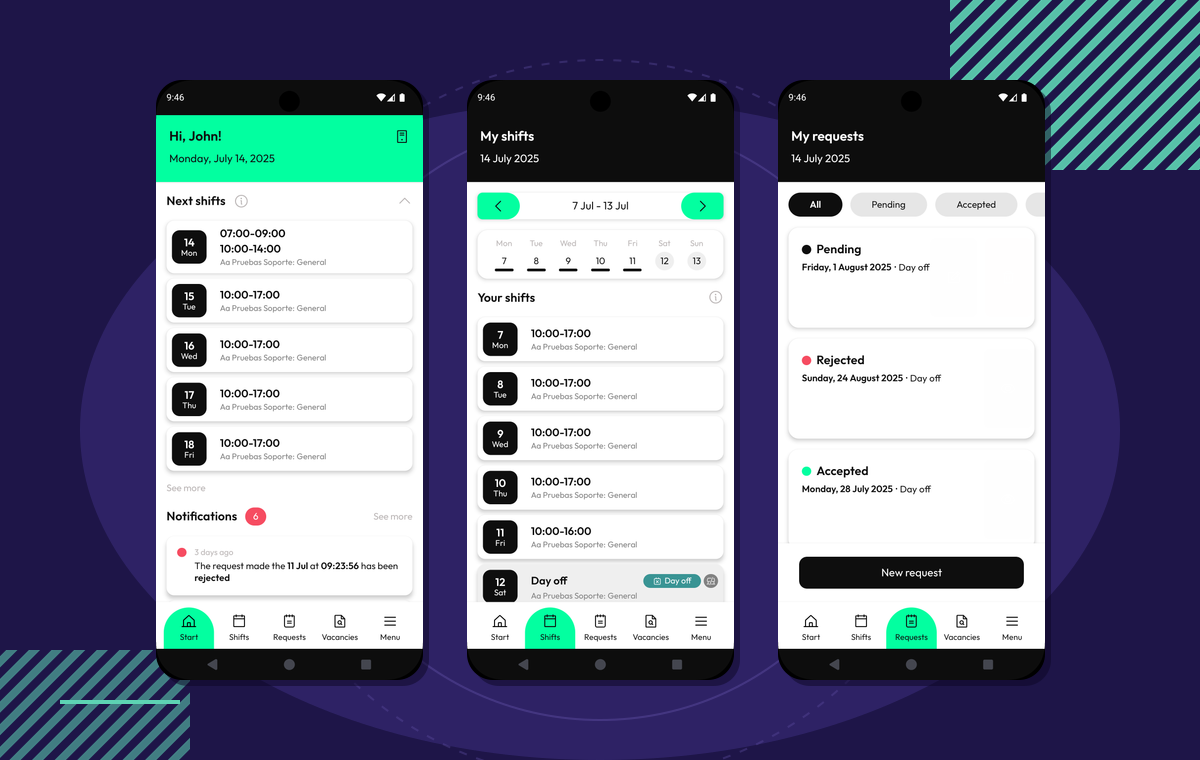 Pantallas de la app Orquest: próximos turnos, planificación semanal y gestión de solicitudes