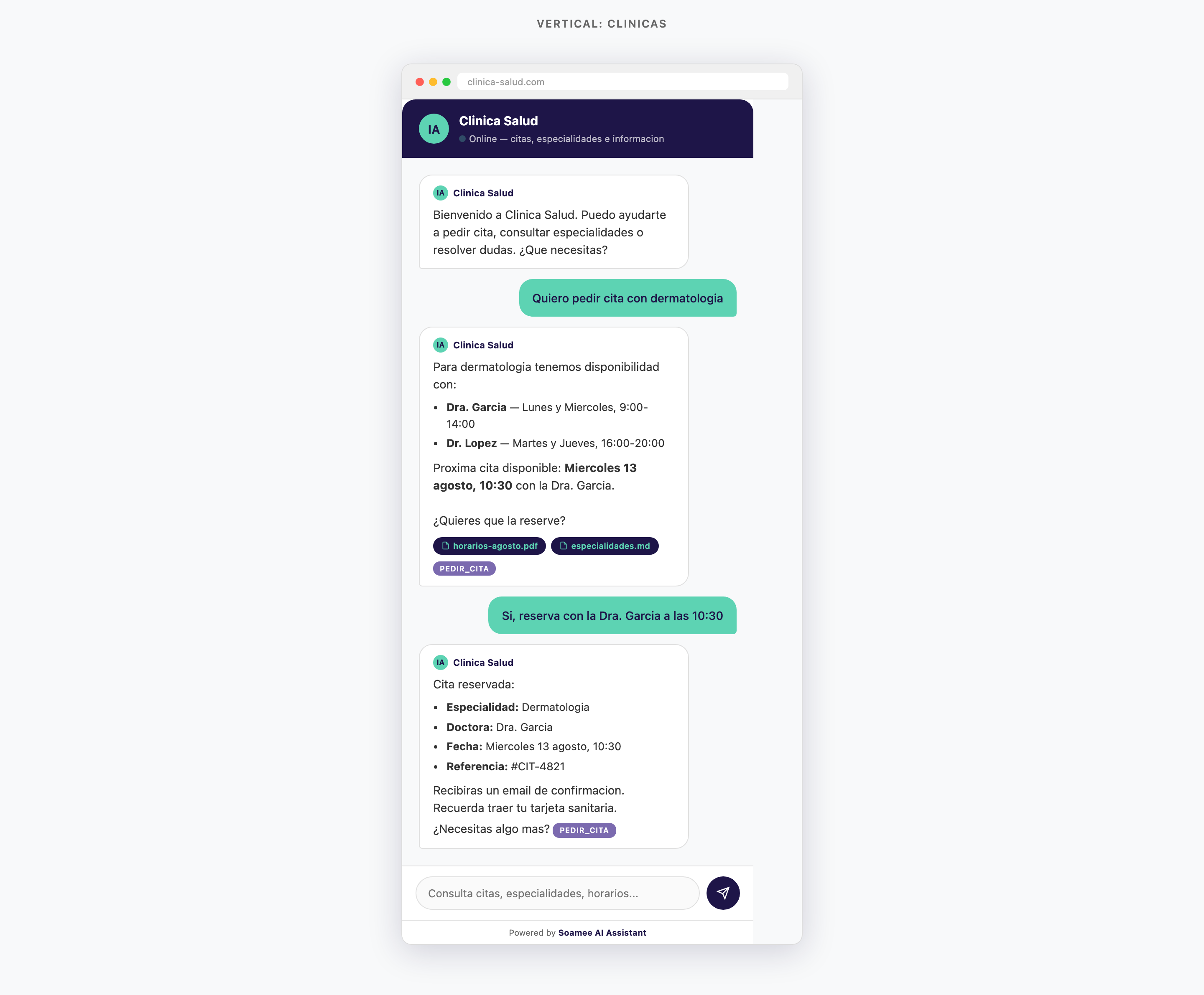 Chatbot IA para clinicas gestionando citas, especialidades y consultas de pacientes