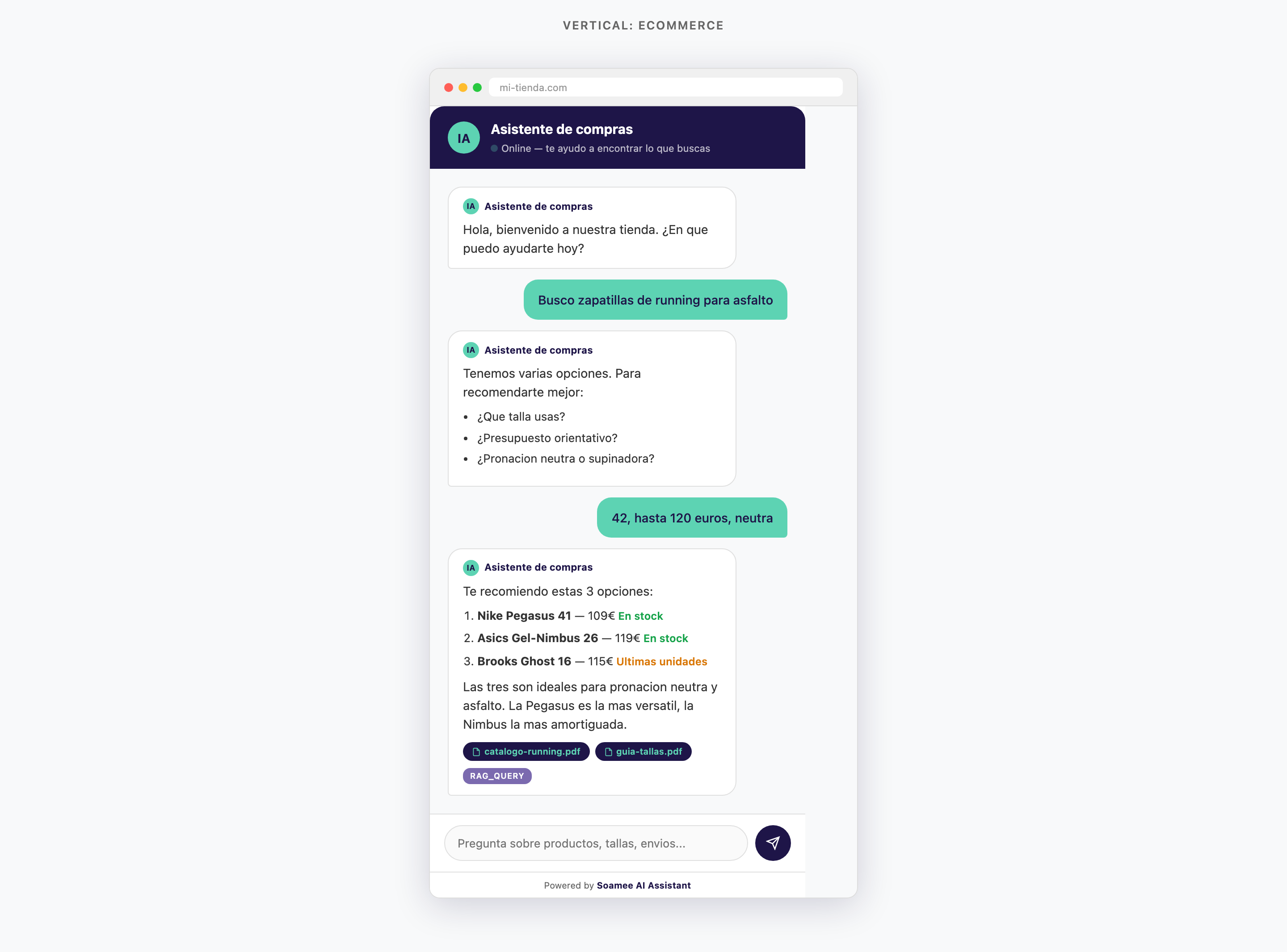 Chatbot IA para ecommerce recomendando productos de running con precios y disponibilidad