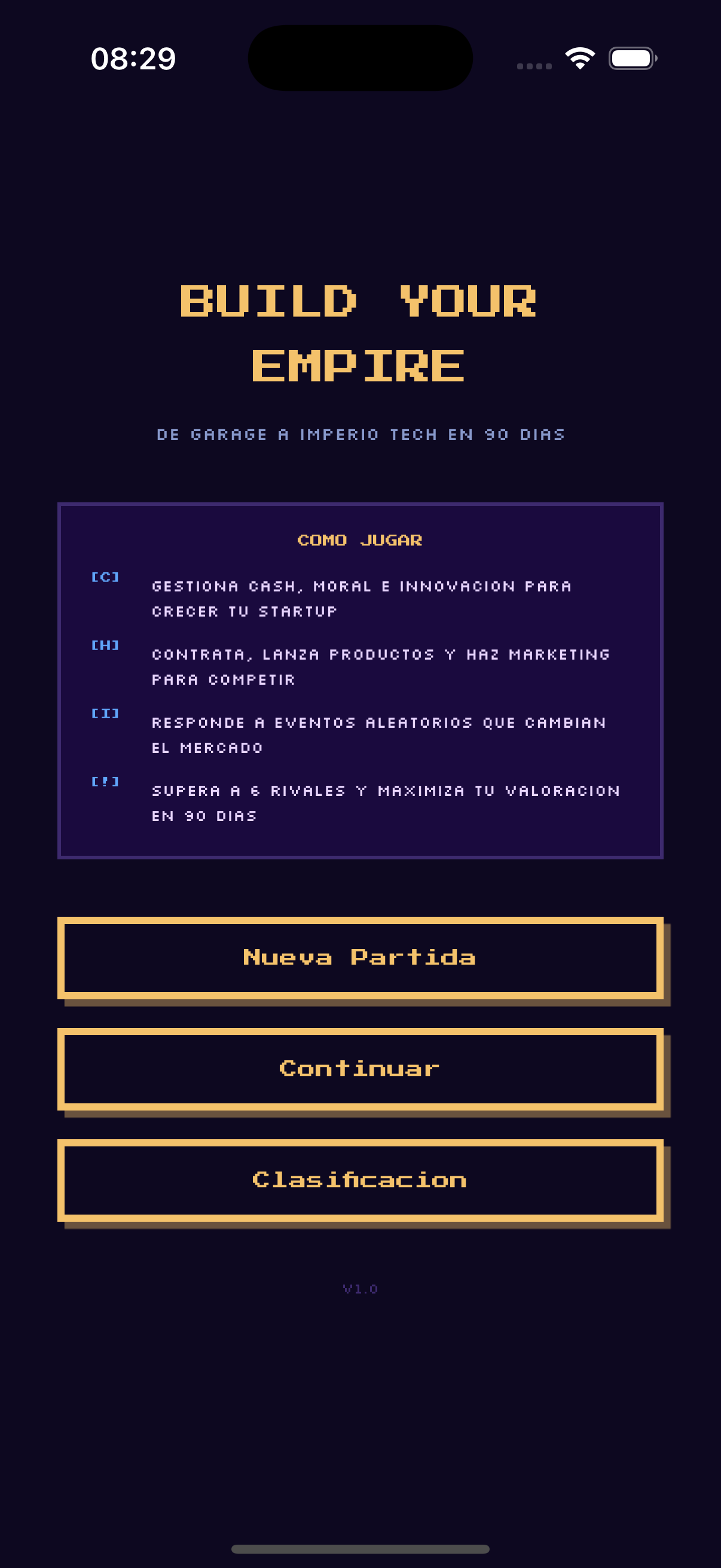 Build Your Empire — Menu principale con istruzioni