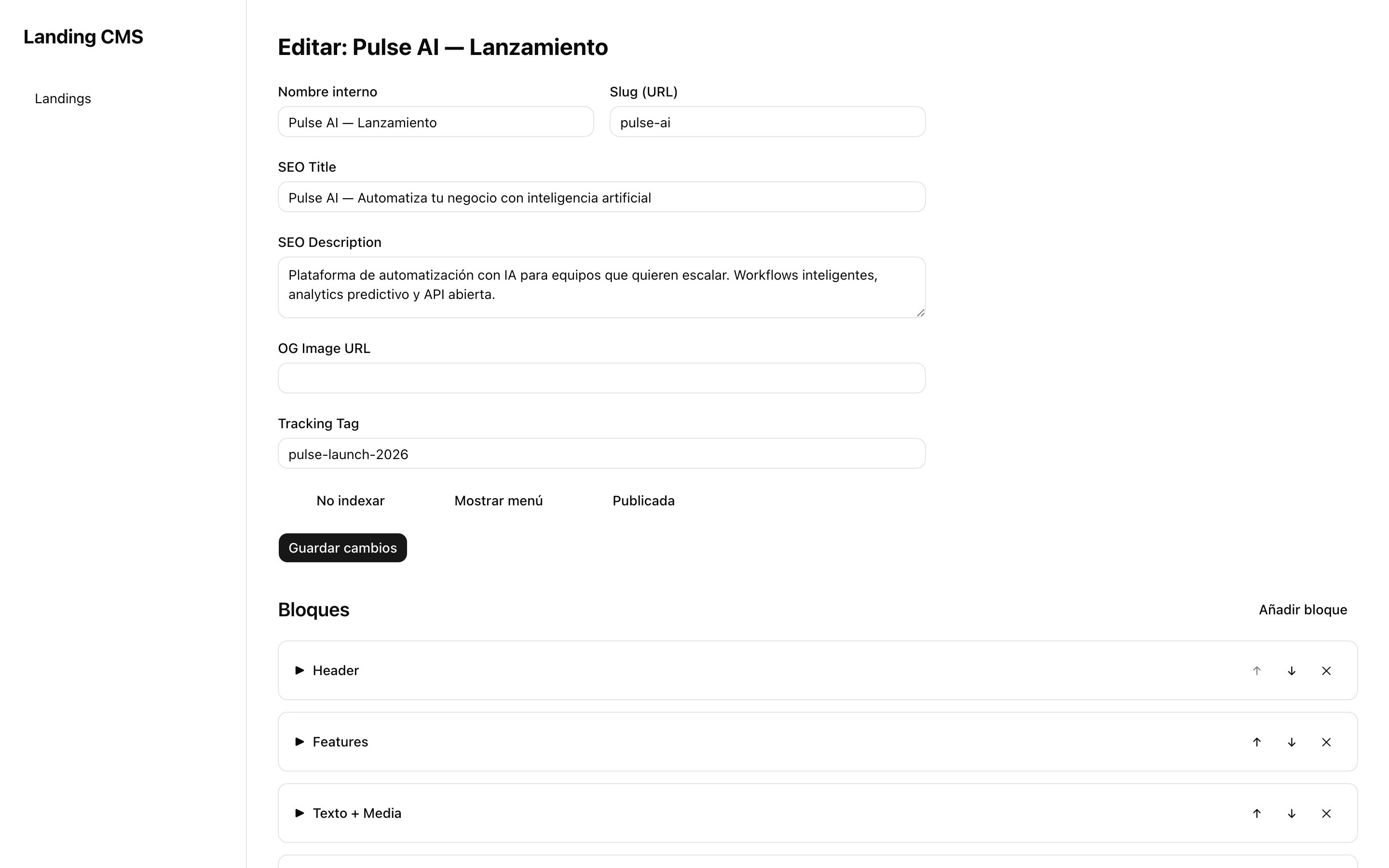 Editor visual de bloques con panel de configuración y preview en tiempo real