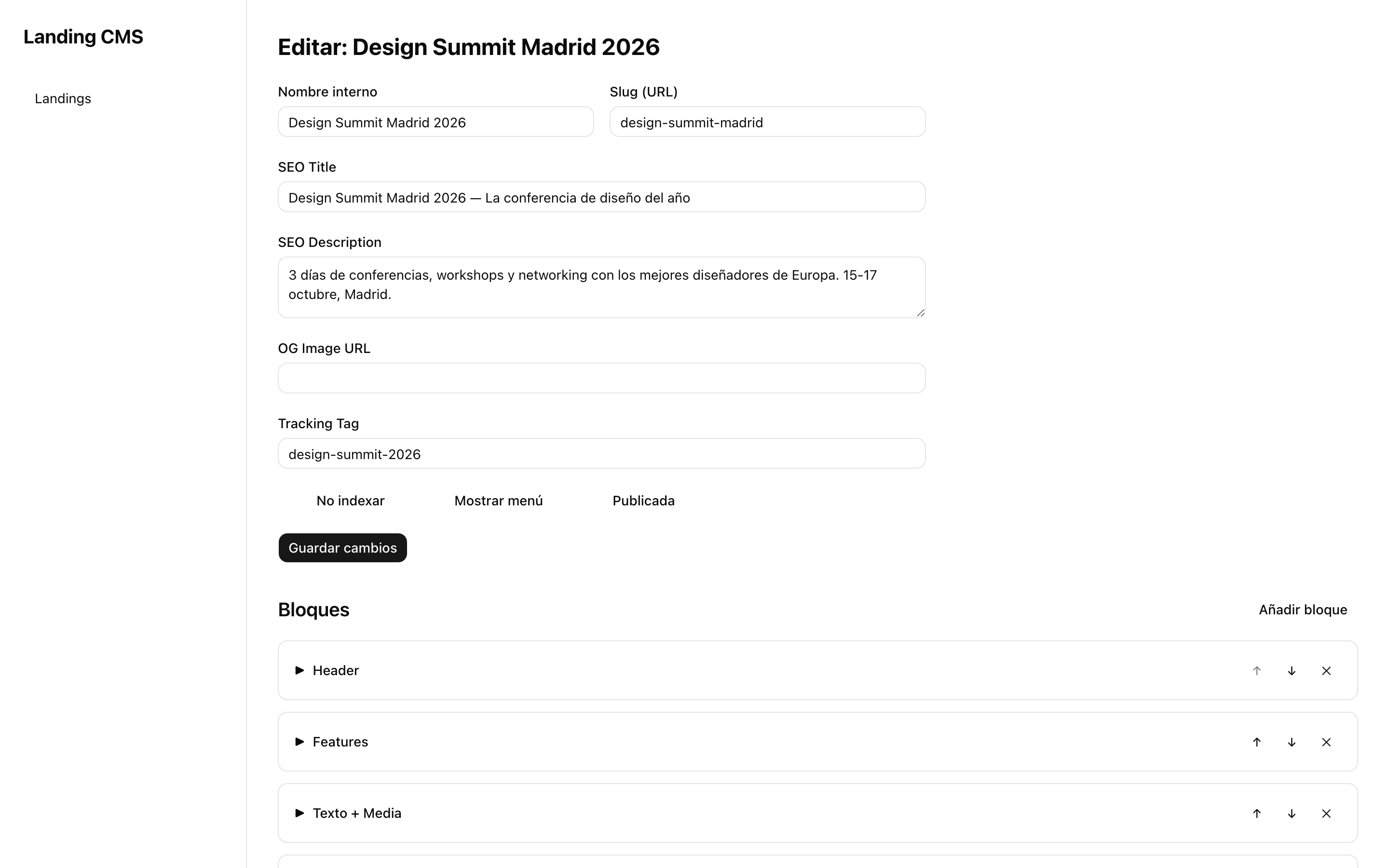 Panel de configuración SEO con meta tags, Open Graph y slug personalizado