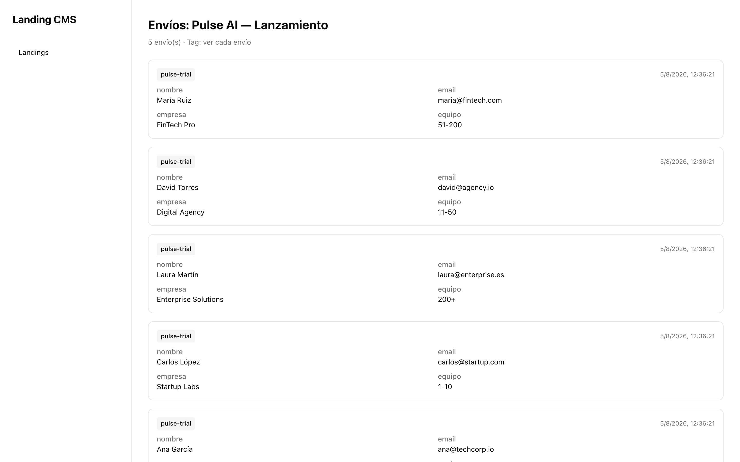 Dashboard de submissions con listado de leads, tags y datos del formulario