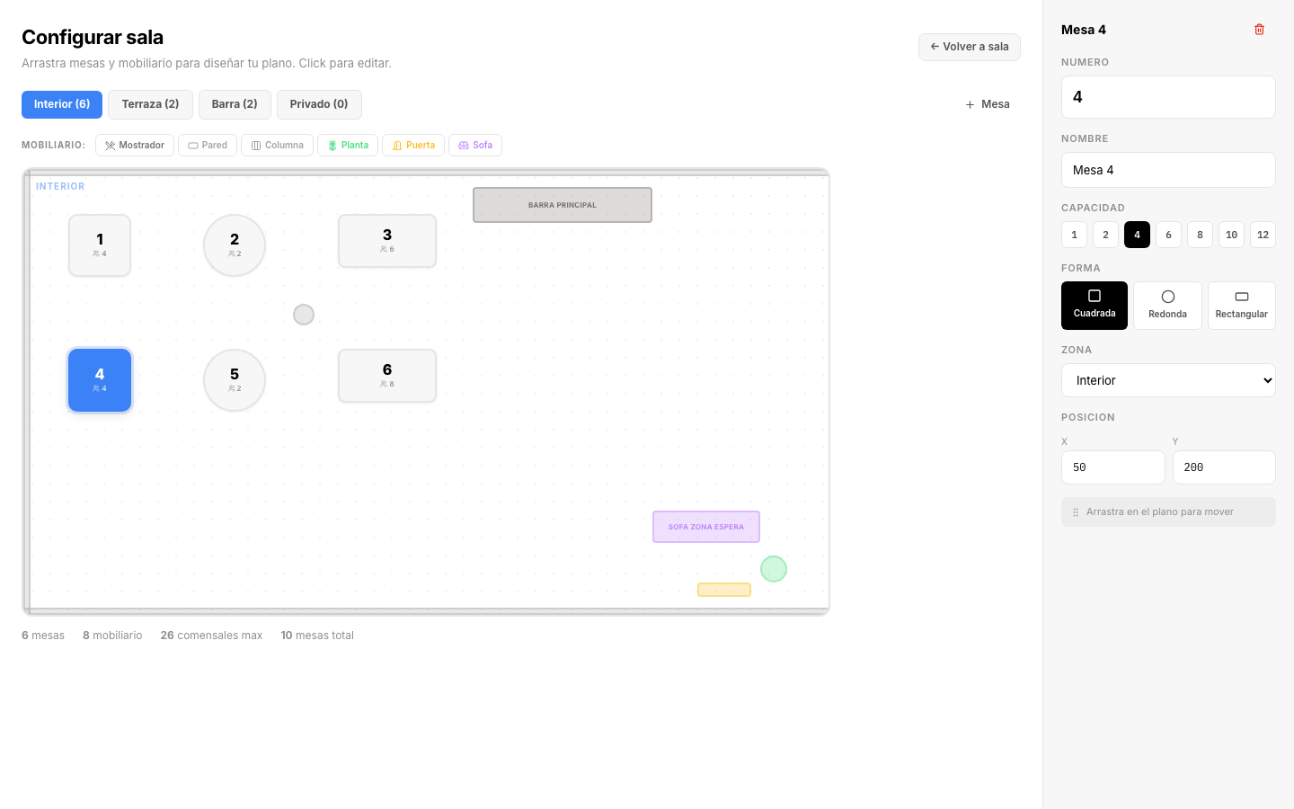 Editor visual drag & drop para diseñar el plano de sala con mesas y mobiliario