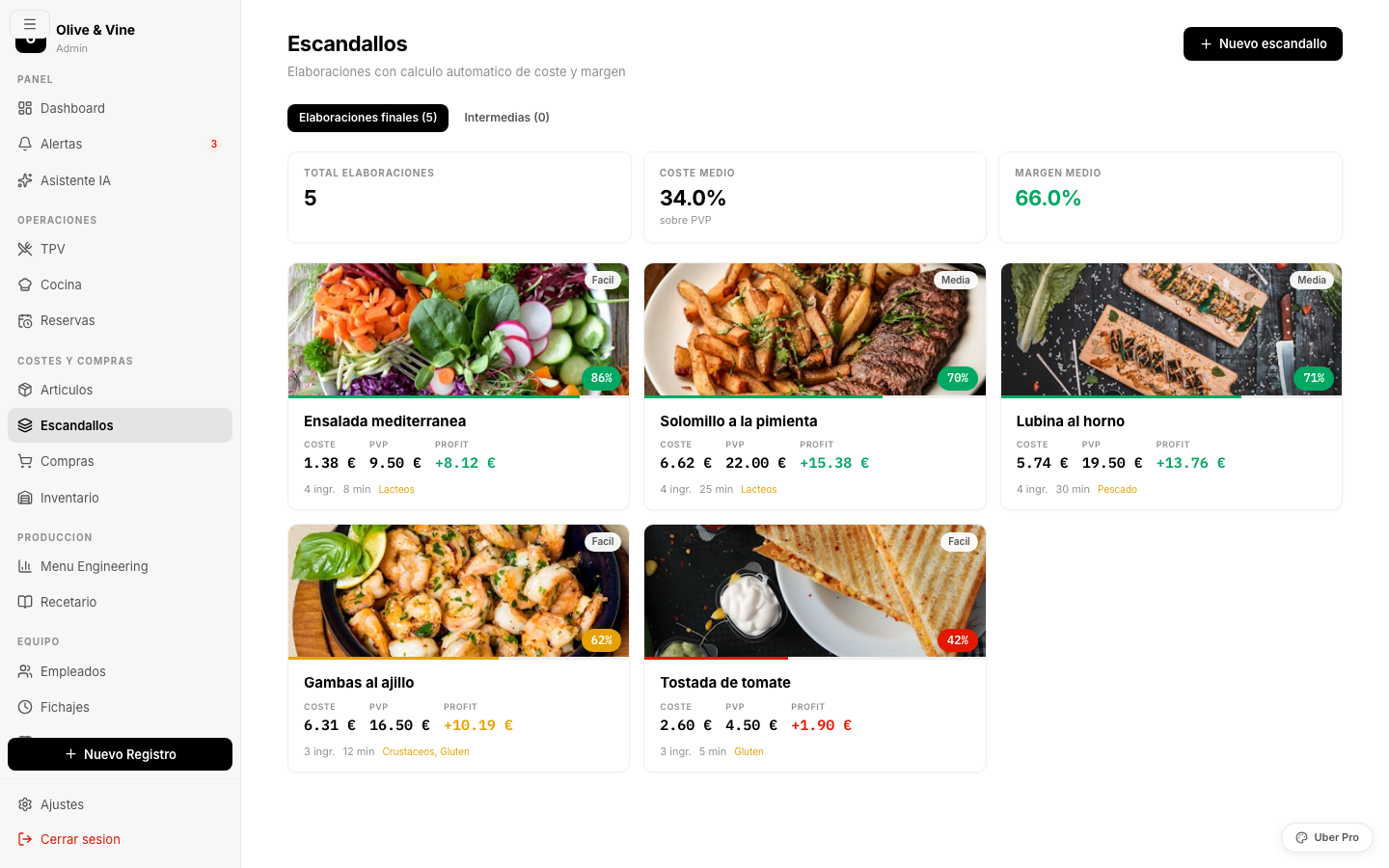 Rezeptkalkulation mit Kosten, Marge und Zutatenliste