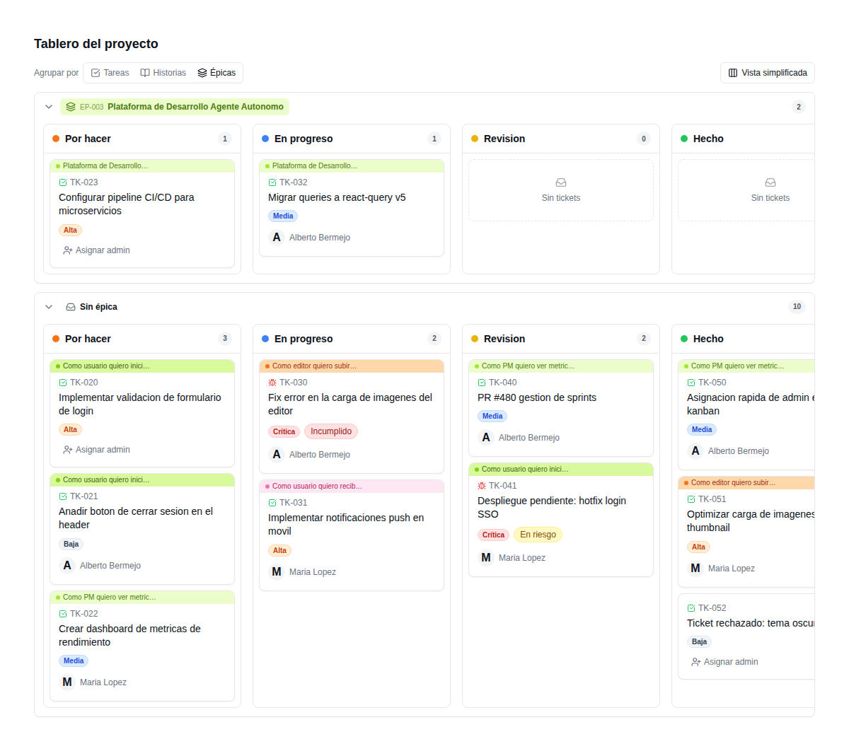 Tablero Kanban con épicas, historias, tareas y bugs codificados por color