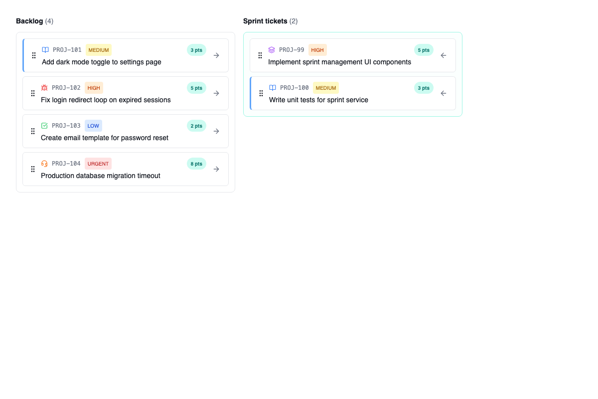 Gestión de proyectos con sprints, épicas e historias — vista de sprint planning