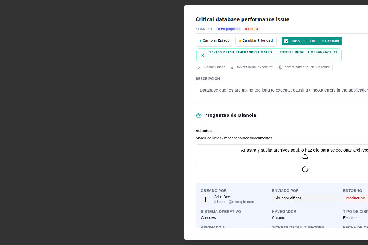 Vista detalle de un ticket con estado, prioridad, bolsa de horas y preguntas IA