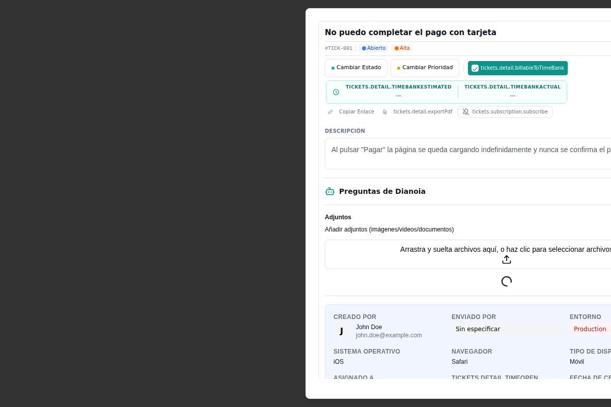 Vista de detalle de un ticket de soporte con toda la información del cliente