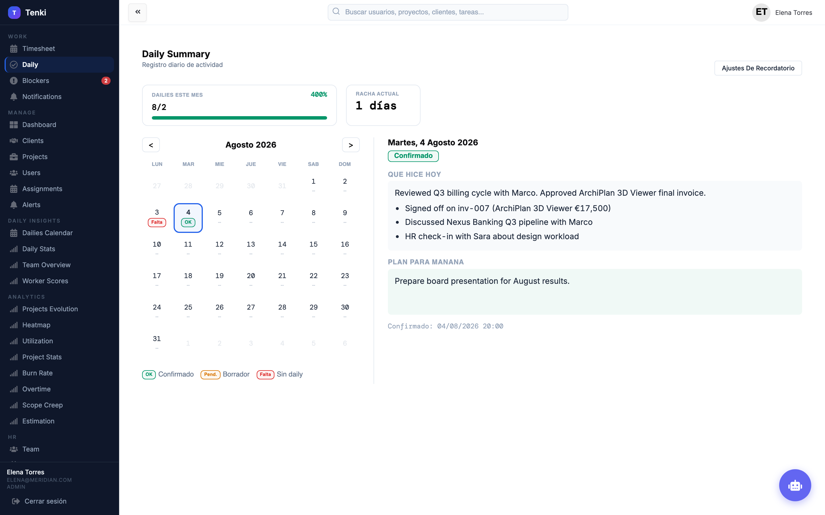 Daily tracking con timer activo y check de tareas